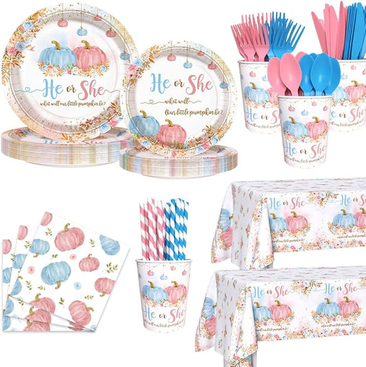 194 PCS Pumpkin Gender Reveal Decorations Pumpkin Paper Plates Cups