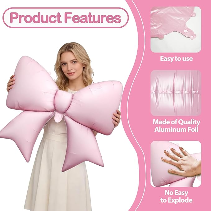 Biapian 6 Pcs Pink Bow Balloons, 38 Inch Giant Bow Foil Balloons,