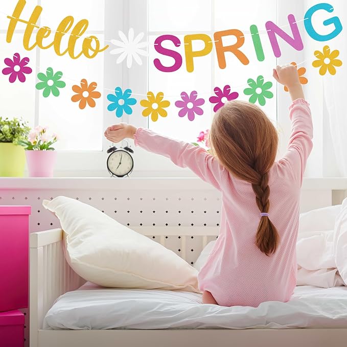 Hello Spring Banner Colorful Glitter Spring Wildflower Banner