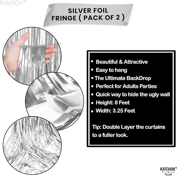 KatchOn, XtraLarge Silver Foil Fringe Curtain - 3.2x8 ft Pack of 2,