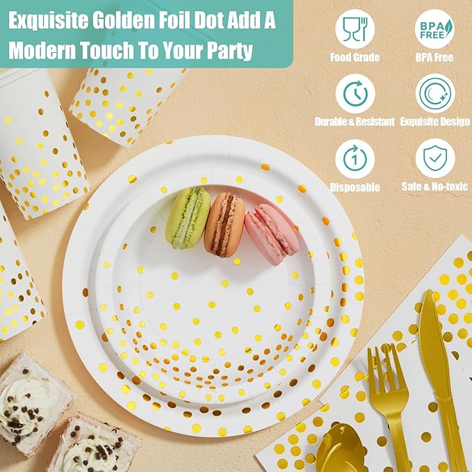 White and Gold Party Supplies, 350PCS Disposable Dinnerware Set