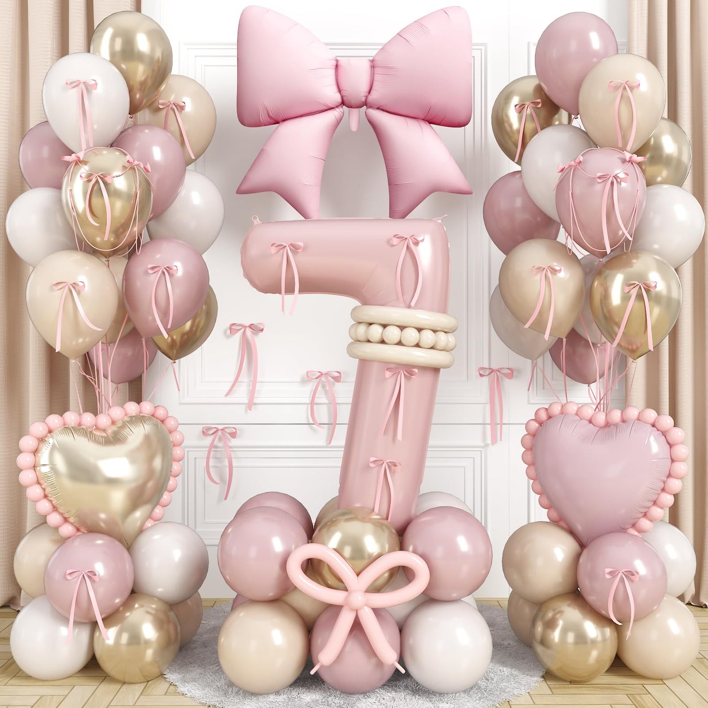 Number 7 Balloon, Blush Light Pink Gold Beige White Sand Latex