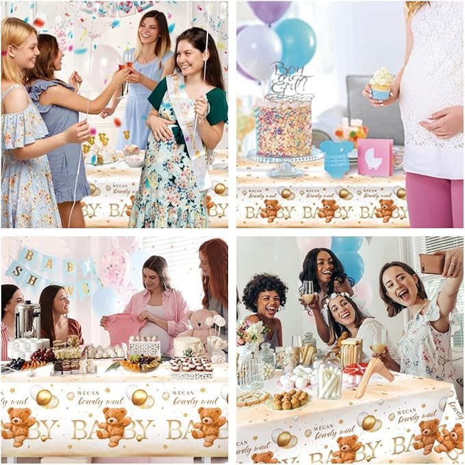 3PCS Bear Baby Shower Tablecloth We Can Bearly Wait Teddy Bear