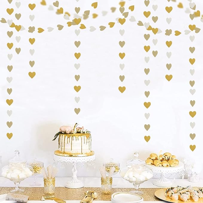 White-Gold Champagne Party-Decorations Heart Streamers Garland - 52Ft