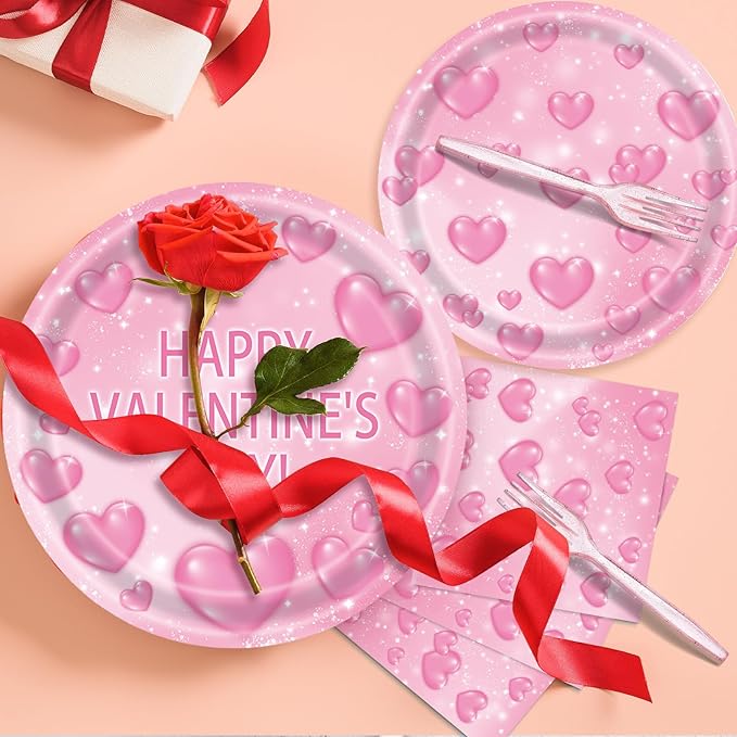 96 Pieces Valentine's Day Tableware Set Pink Heart Disposable Plates
