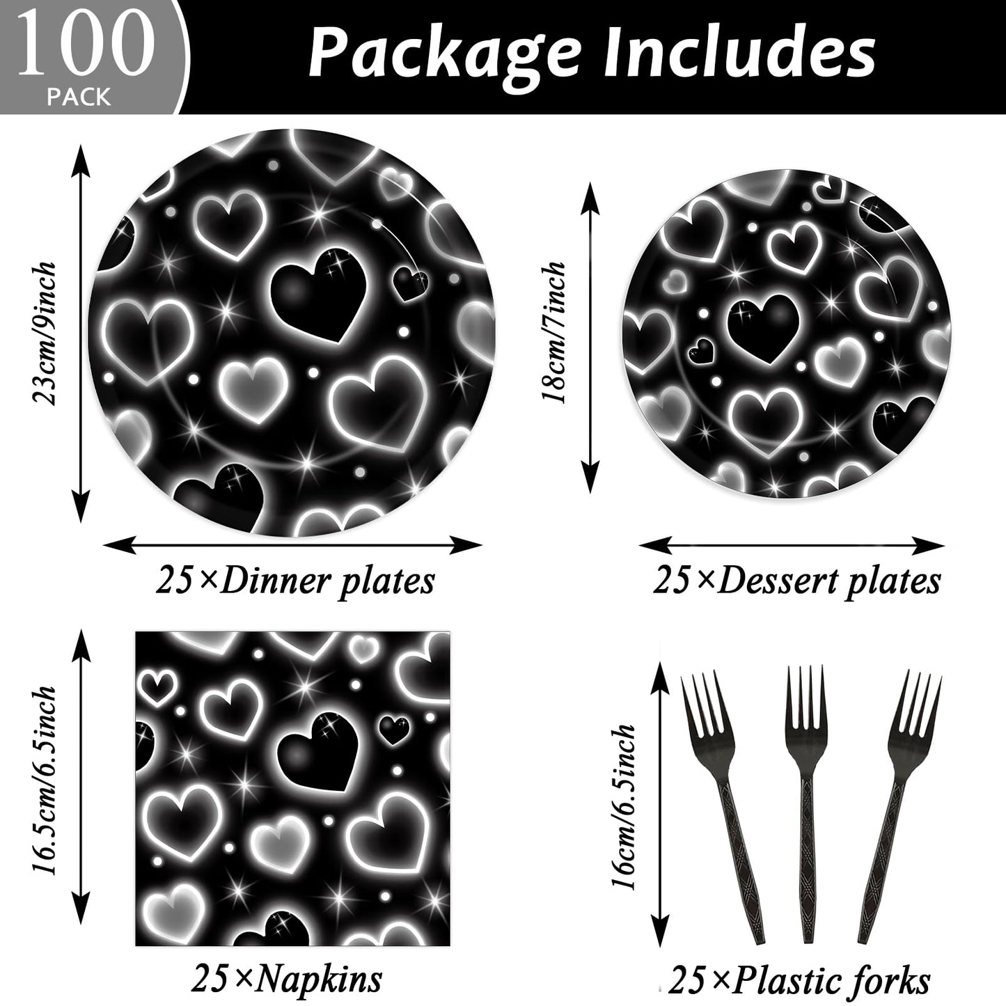 Qyeahkj 100 Pcs 2000s Party Plates Napkins Forks Set Black Heart