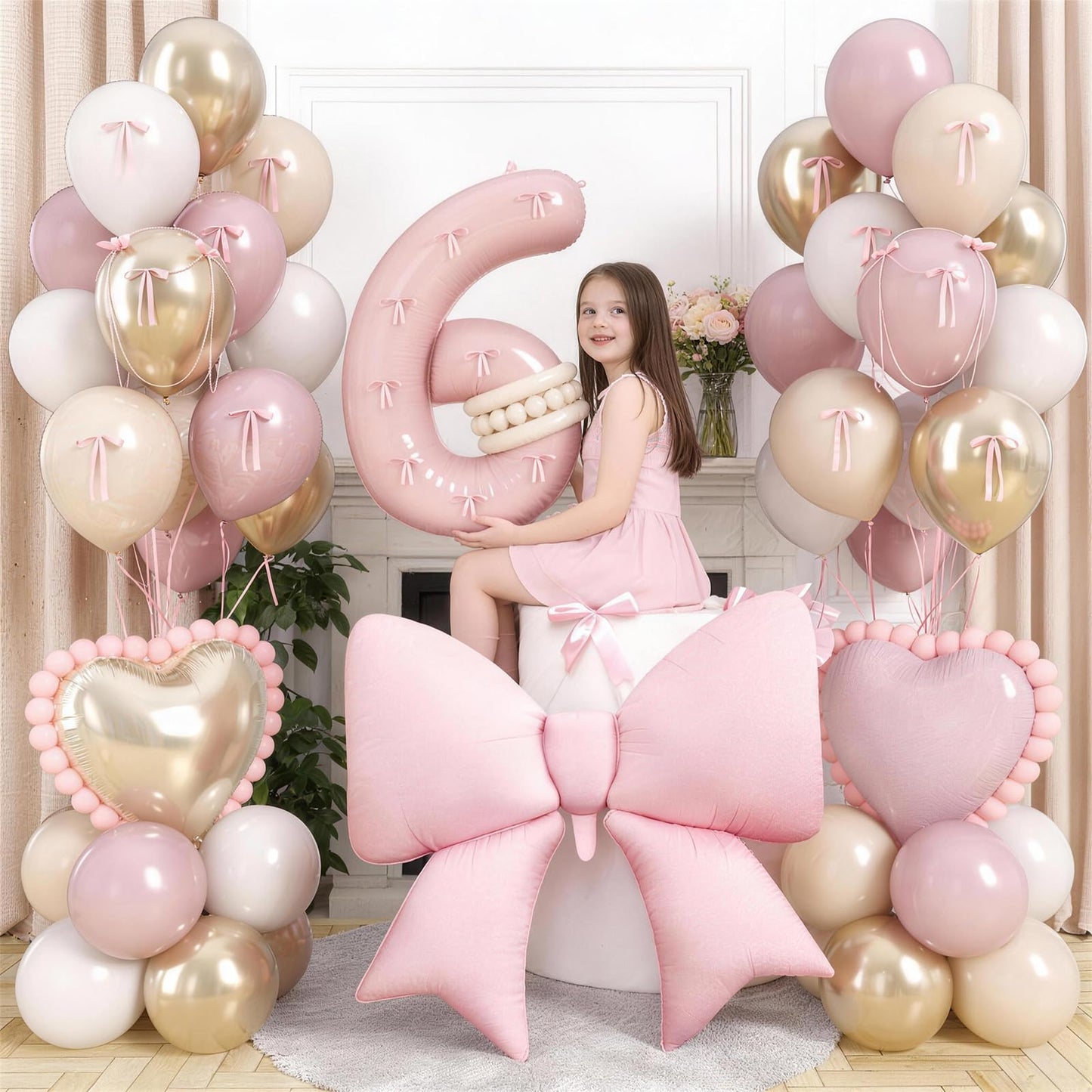40 Inch Number 6 Balloon Pink, Dusty Blush Pink Gold White Sand