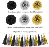 Silver Black Gold Party Decorations - 23pcs Tissue Paper Flowers Pom