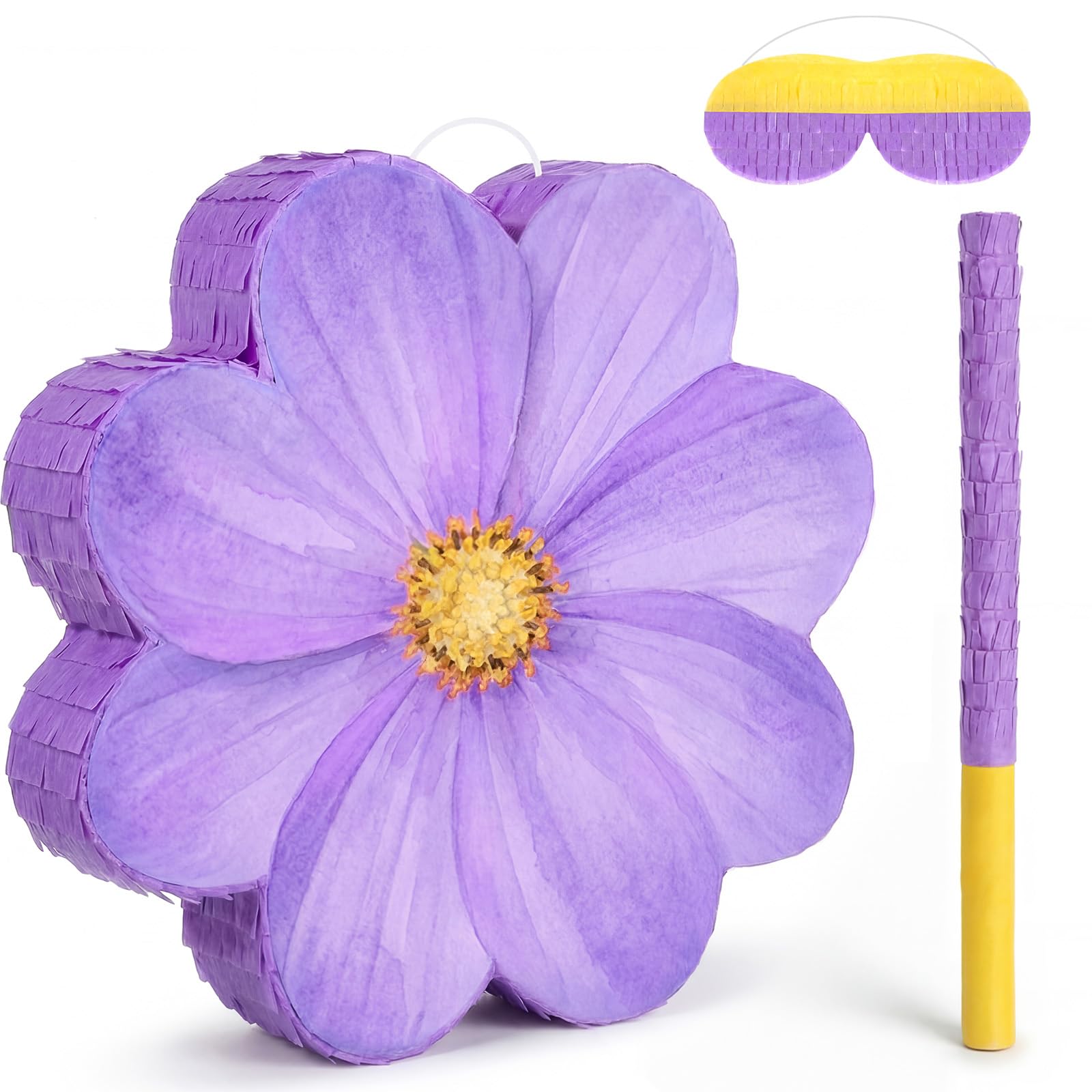 Aoriher Daisy Flower Piñata Set with Blindfold and Bat Purple Flower