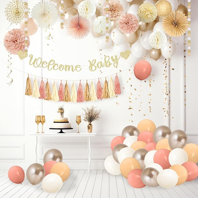 Champagne Gold Boho Baby Shower Party Decorations with Welcome Baby
