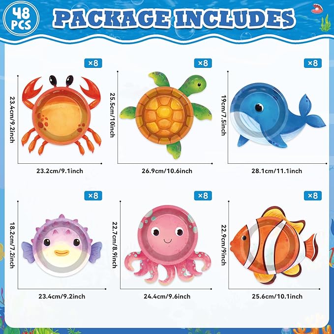 48Pcs Ocean Animal Shaped Paper Plates Under the Sea Party Supplies