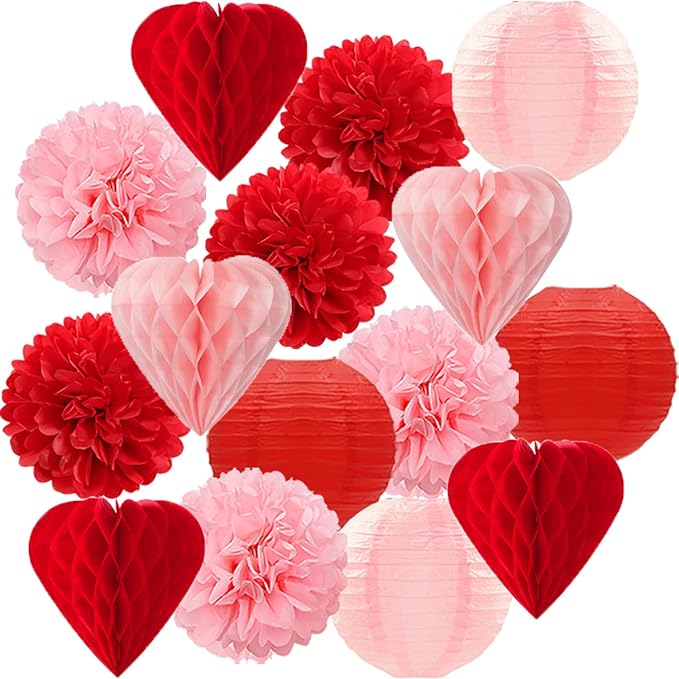 Red Pink Valentines Day Paper Flowers Hearts Honeycomb Lanterns
