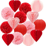 Red Pink Valentines Day Paper Flowers Hearts Honeycomb Lanterns
