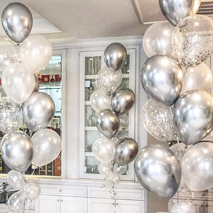 OuMuaMua 62pcs Blue Silver White Confetti Balloons Kit, 12 Inch White