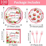 100 Pcs Strawberry Baby Shower Party Plates Napkins Forks Supplies