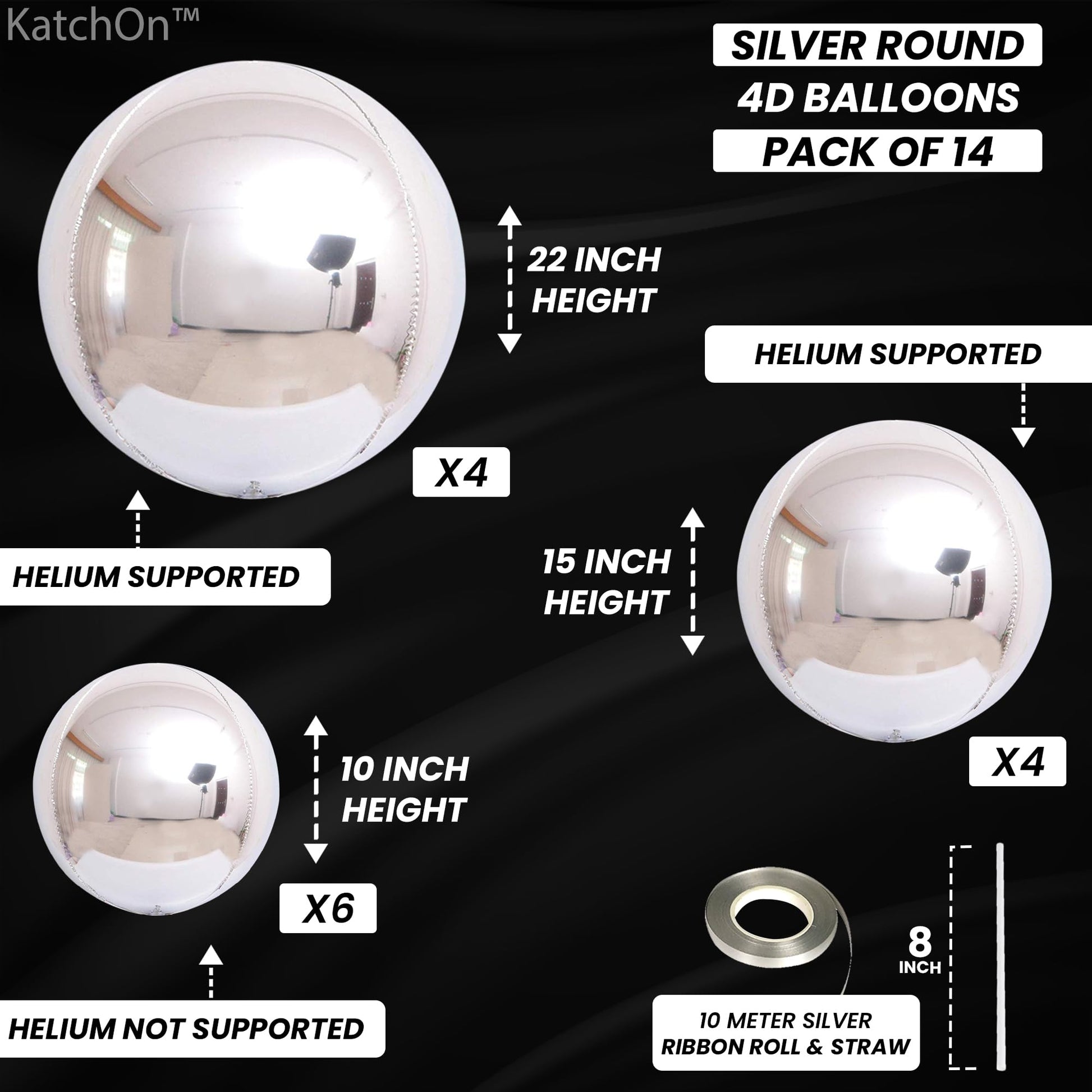 Metallic Silver Balloons - 22 Inch, Pack of 14 | 4D Round Foil