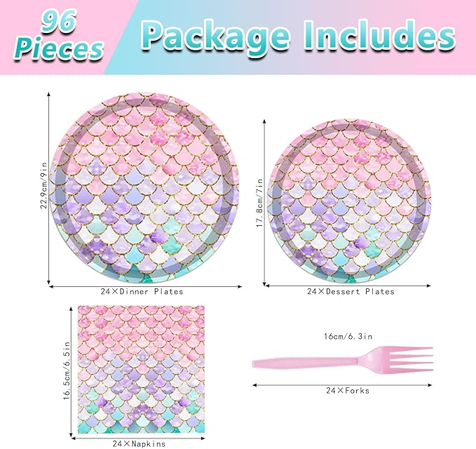 96PCS Mermaid Plates and Napkins Tableware Set Mermaid Party