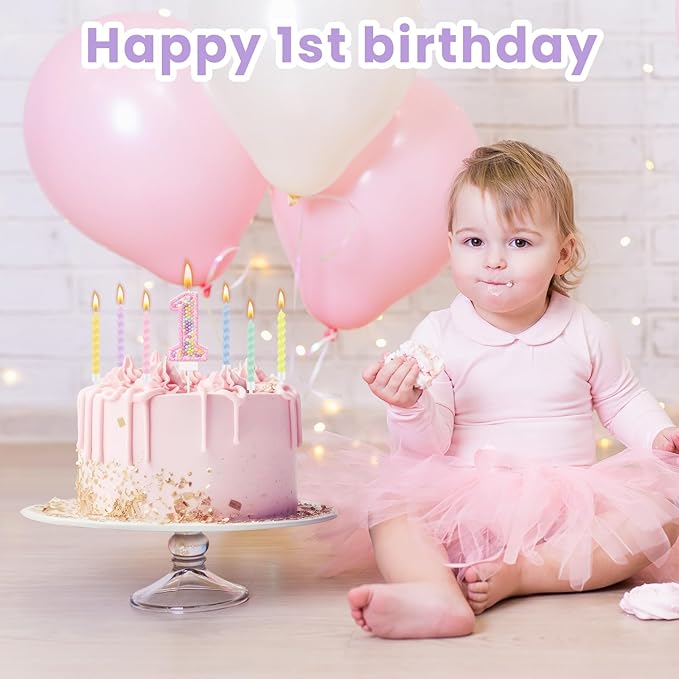 MTLEE Number 1 Birthday Candle with 12 Pcs Spiral Candles for Girls