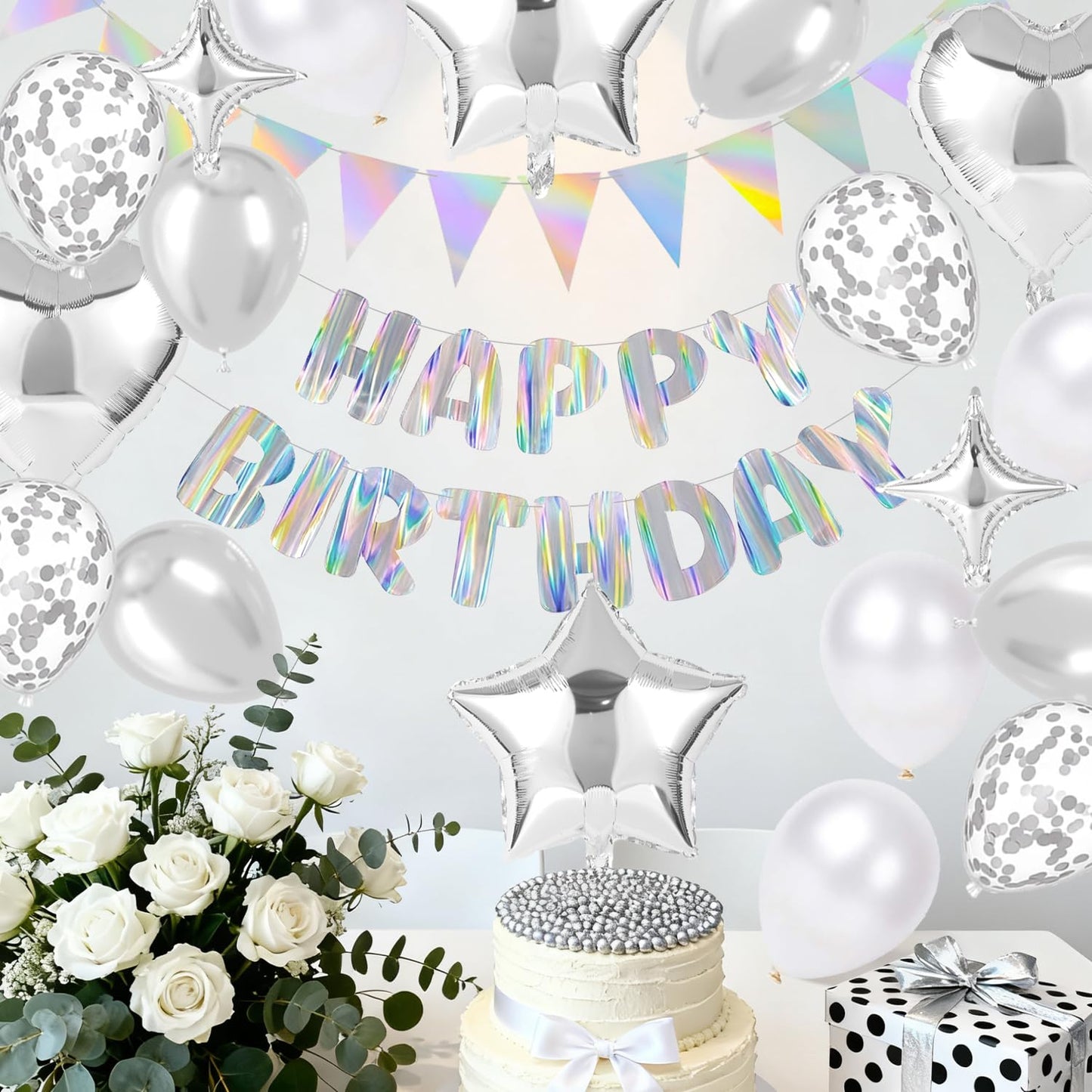 Silver Happy Birthday Decorations kit, Iridescent Happy Birthday