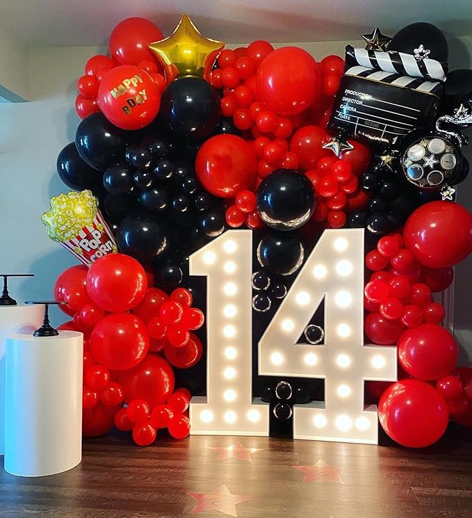 Movie Night Balloon Garland Arch Kit 134pcs Black Red Chrome Gold