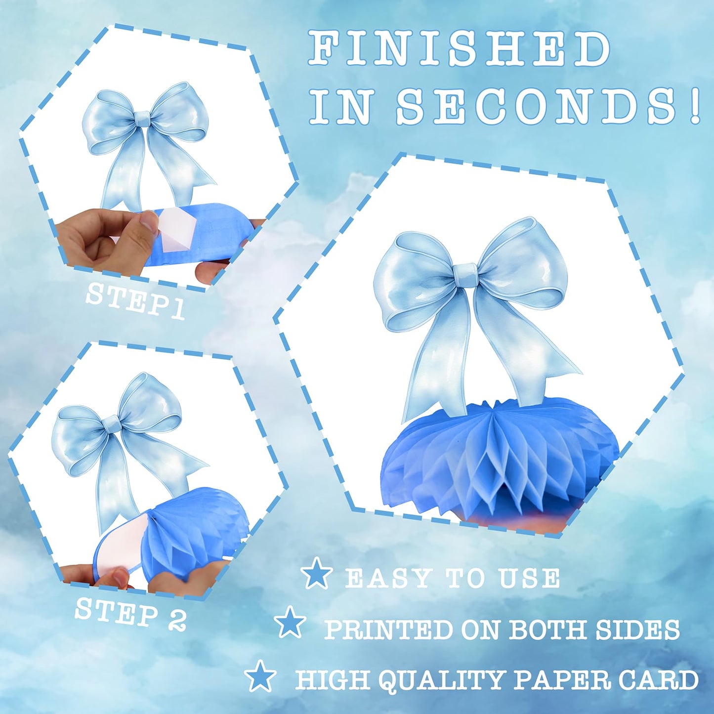 Blue Bow Baby Shower Centerpieces – 12PCS Coquette Honeycomb Table
