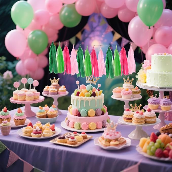 Pink and Green Tissue Paper Tassels Party Tassel Garland Banner for
