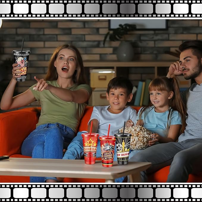 Uiifan 12 Pcs Movie Night Cups 24oz Reusable Tumbler with Lid and