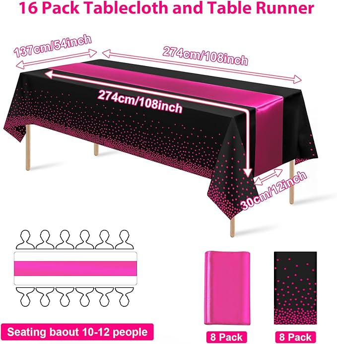 MASHAN 16Pack Disposable Plastic Party Tablecloths and Satin Table