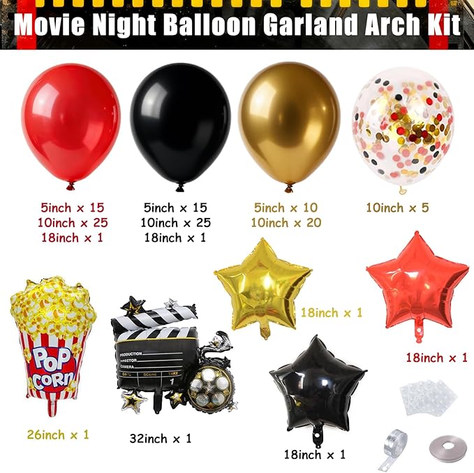 Movie Night Balloon Garland Arch Kit Red Black Gold Confetti