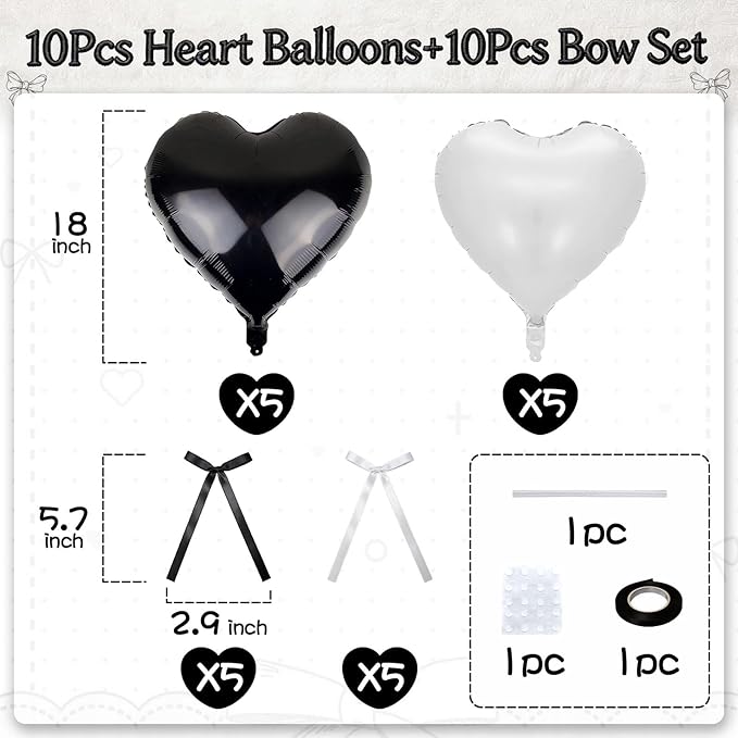 Black White Heart Balloons with Ribbon Bow, 18 Inch Matt Black and