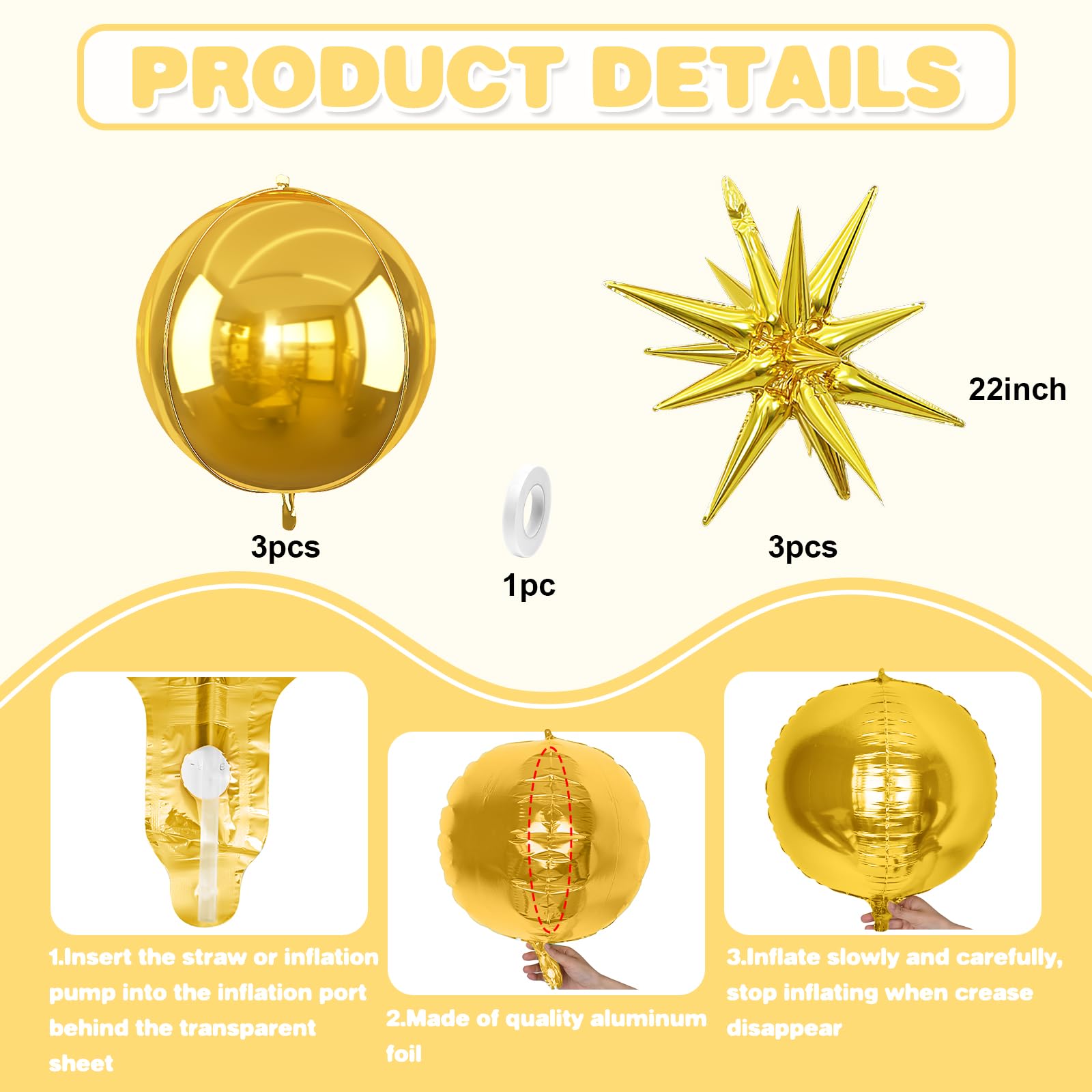 6Pcs Gold Foil Balloons,22Inch Gold 4D Round Ball Balloon and