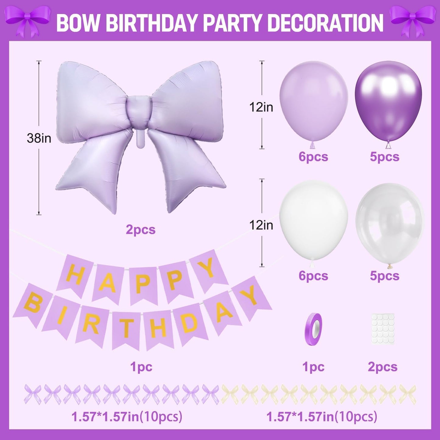 Purple Bow Birthday Decorations, Purple Happy Birthday Banner with