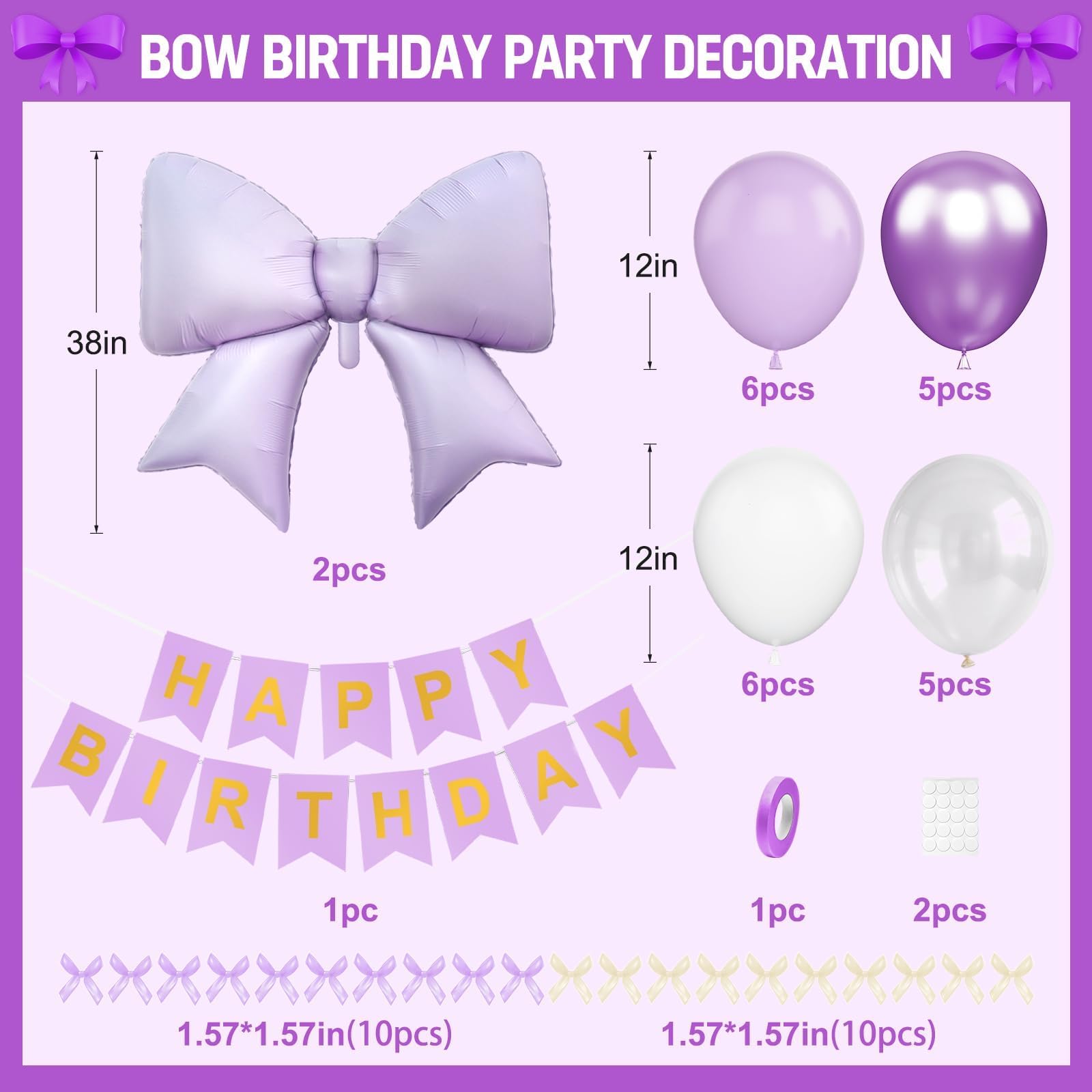 Purple Bow Birthday Decorations, Purple Happy Birthday Banner with