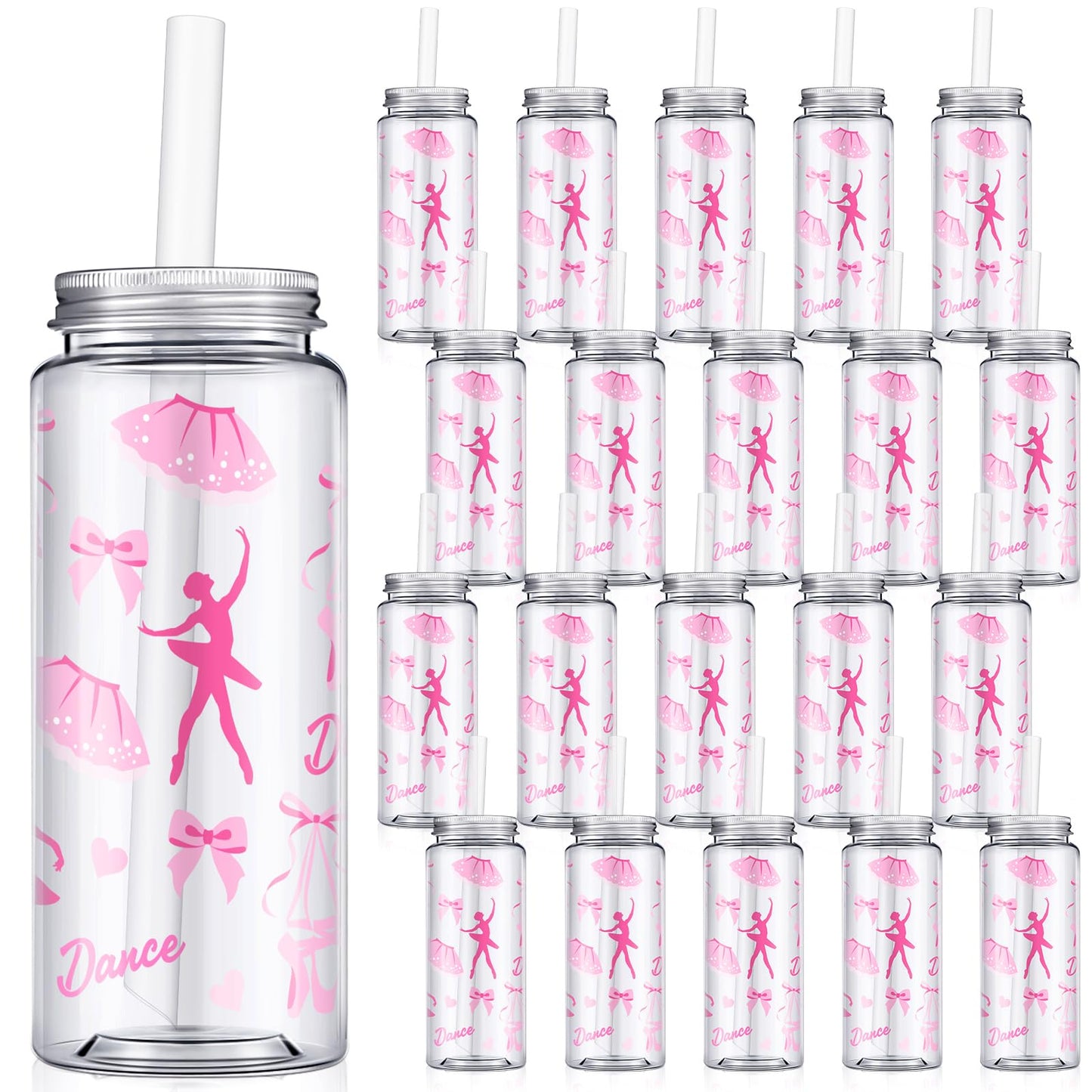 Domensi 24 Pack 14.2 oz Ballet Plastic Cups with Lid and Straw Clear