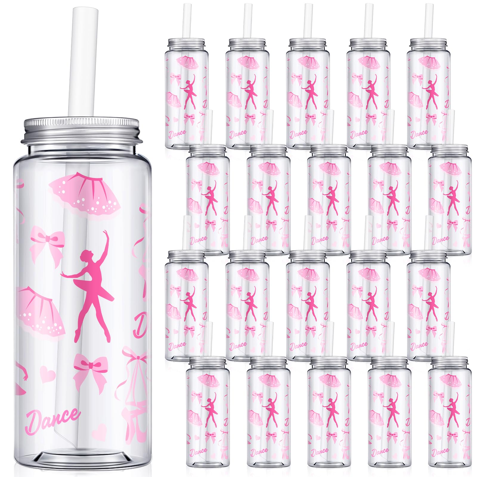 Domensi 24 Pack 14.2 oz Ballet Plastic Cups with Lid and Straw Clear
