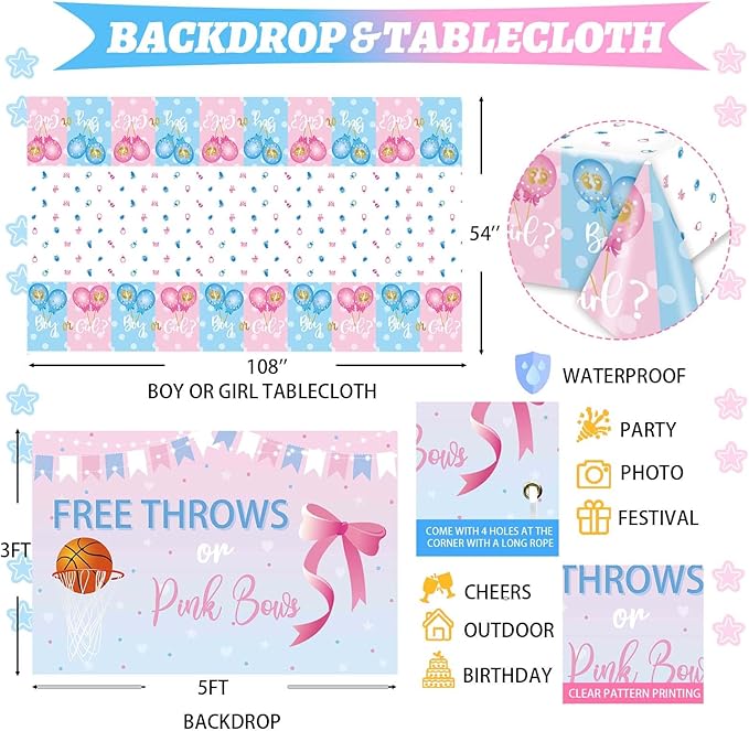 Free Throws or Pink Bows Gender Reveal Decorations 169 PCs Boy or