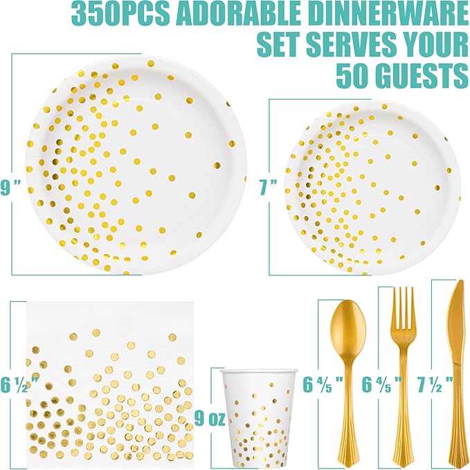 White and Gold Party Supplies, 350PCS Disposable Dinnerware Set