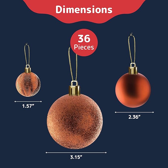 PREXTEX 36 Piece Christmas Ornaments Set - Copper Orange Ornament