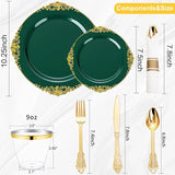 Nervure 175PCS Green Plastic Plates - Disposable Green Gold Party