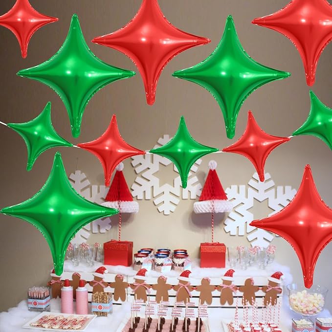 Red Green Christmas Balloons,12Pcs Four Angle Star Foil