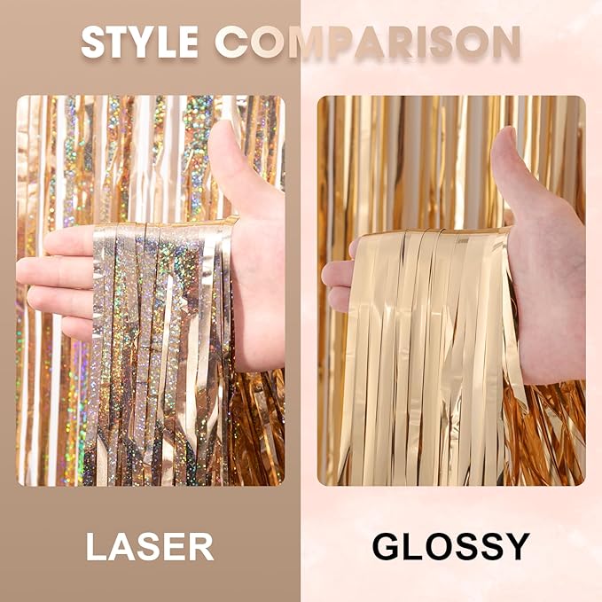 Voircoloria 3 Pack 3.3 x 8.2 ft Laser Champagne Foil Fringe Backdrop