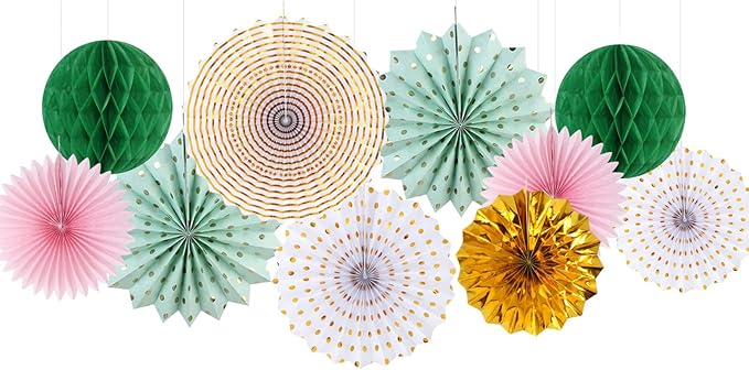 Sage Green Pink Gold Party Decorations 33pcs Kits Tissue Pom Poms