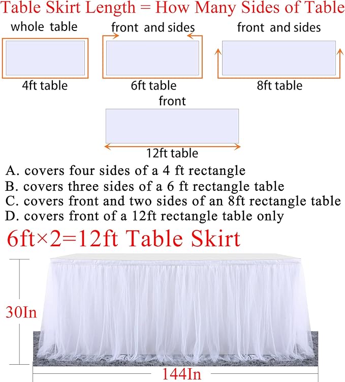 2 Pack 6ft White Tulle Table Skirts for wedding Bridal Shower White