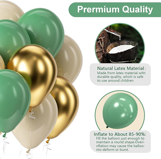 Bezente Sage Green Gold White Balloons Kit - 60pcs 12 inch Sage Green