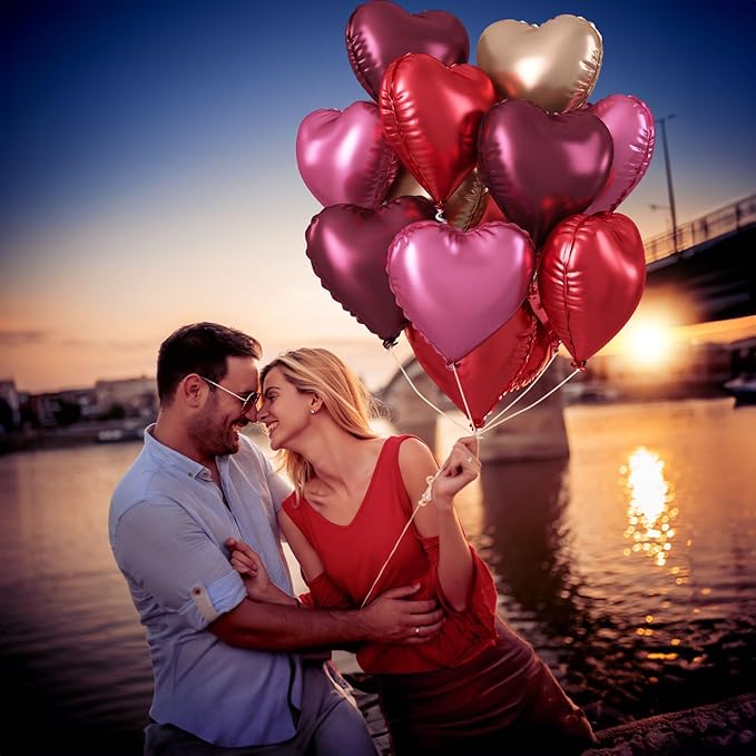 Wine Red Heart Balloons, 18 Inch 12 Pcs Burgundy Red and Pink Foil