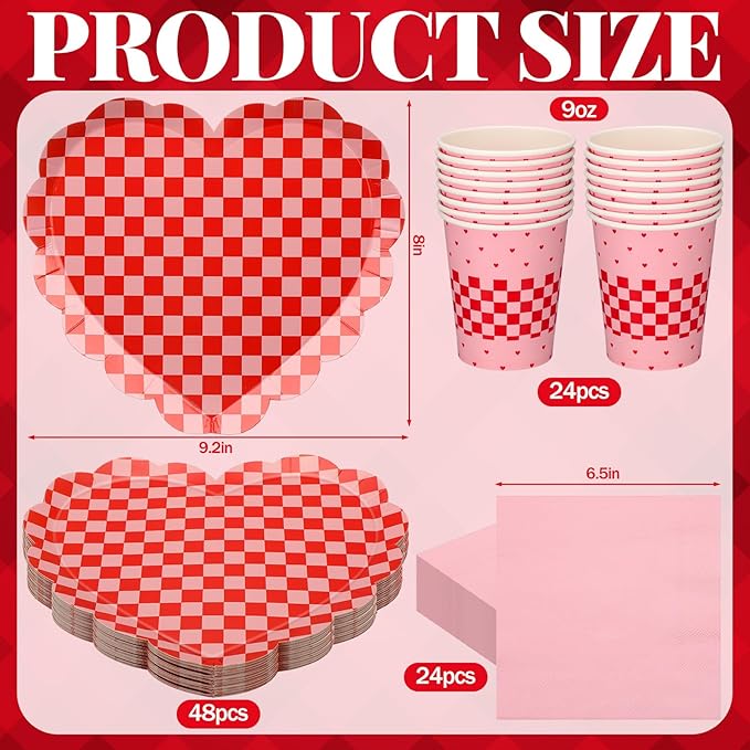 96 Pcs Valentine's Day Party Supplies Set for 24 Guests Red Checked