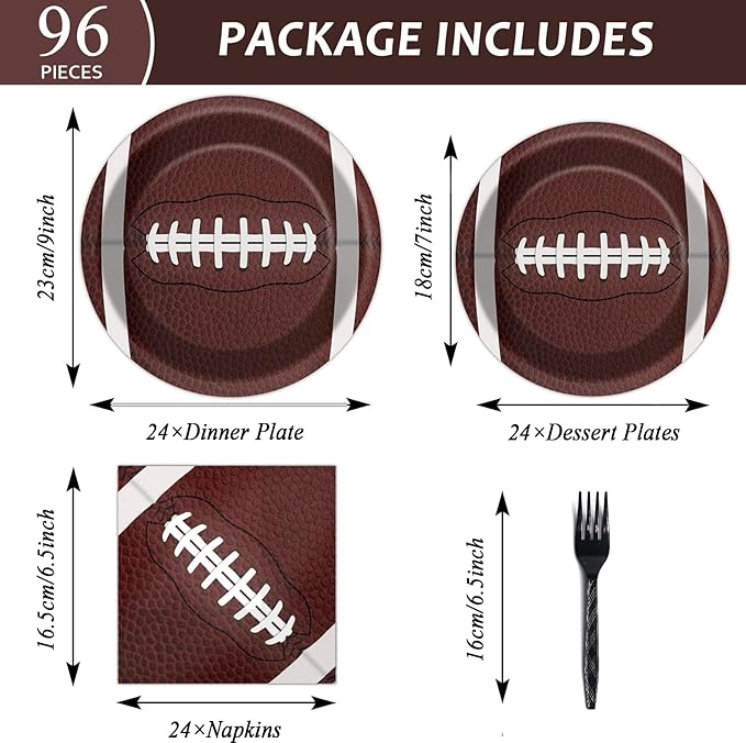 96 Pcs Football Party Supplies Bundle Paper Plates Napkins Football