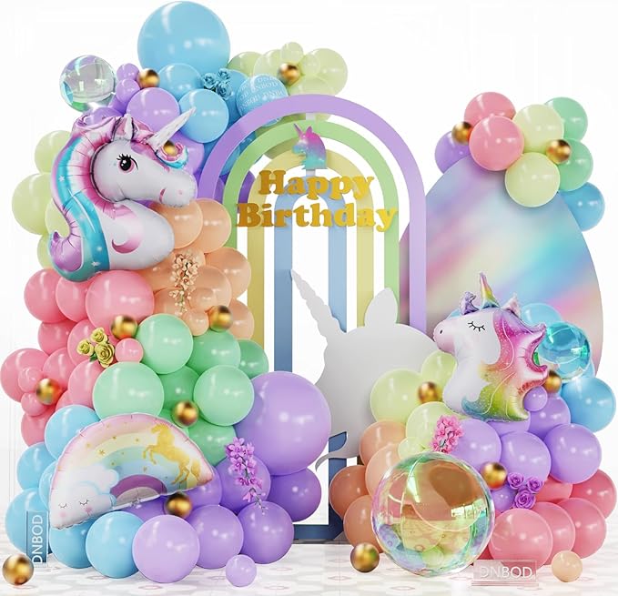 140Pcs Pastel Rainbow Unicorn Balloon Garland Arch Kit with Pink