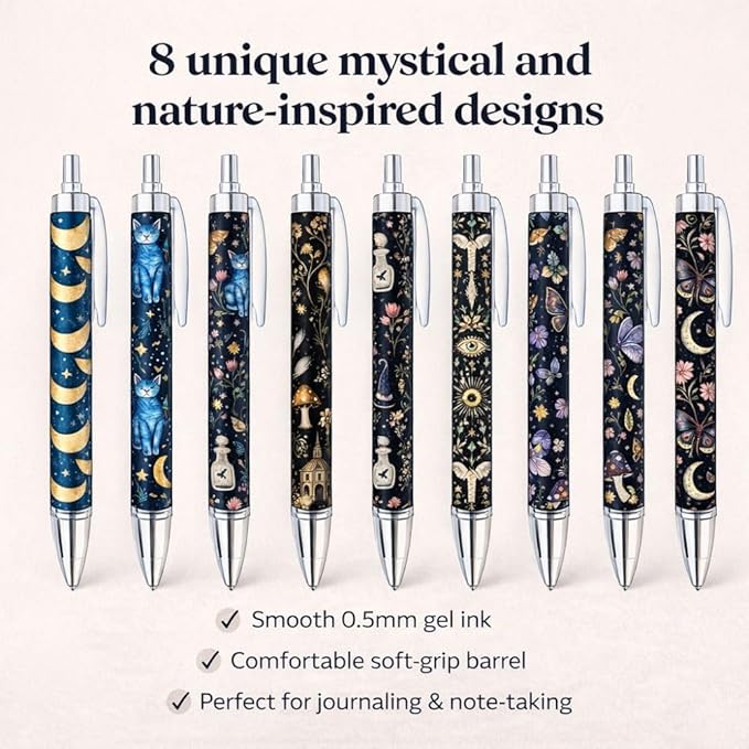 8PC Witchy Pens Dark Cat Butterfly Floral Moon Potion Spooky Magic