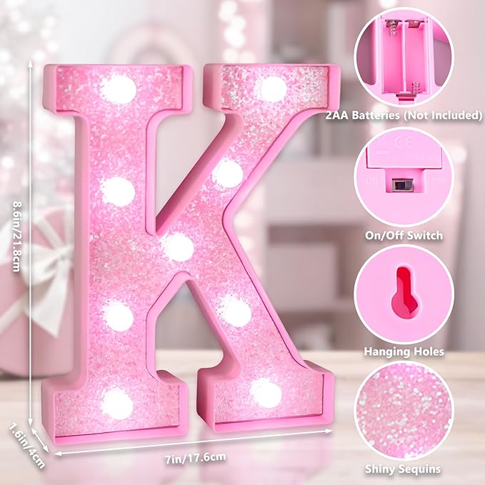 Pink Light Up Letters, LED Marquee Letters for Table, Small Glitter Al